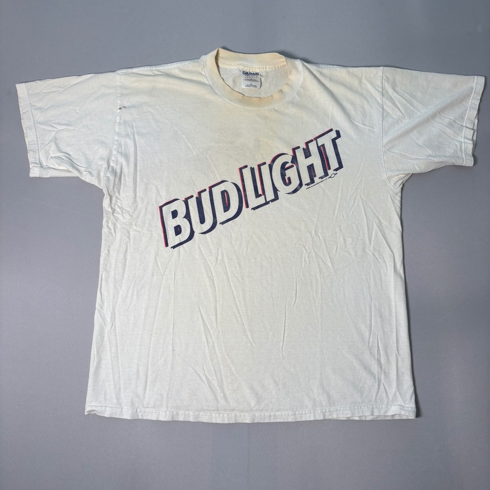 Vintage 1998 Bud Light Graphic T-Shirt Mens XL White Gildan Heavy Cotton 90s
